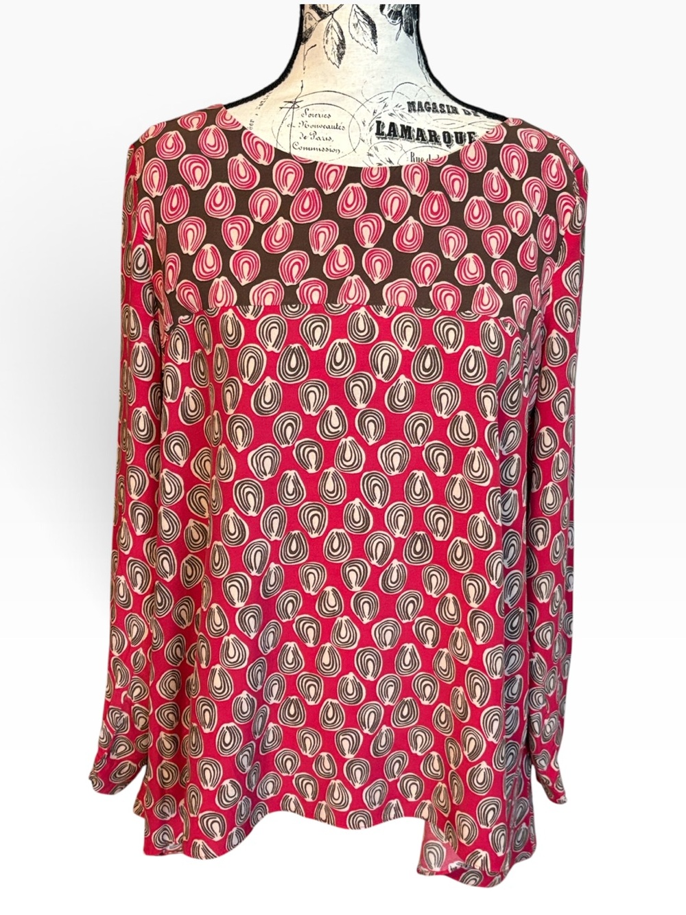 Boden Pink Printed Long Sleeve Viscose Blouse Geometric Panel Top Size 10